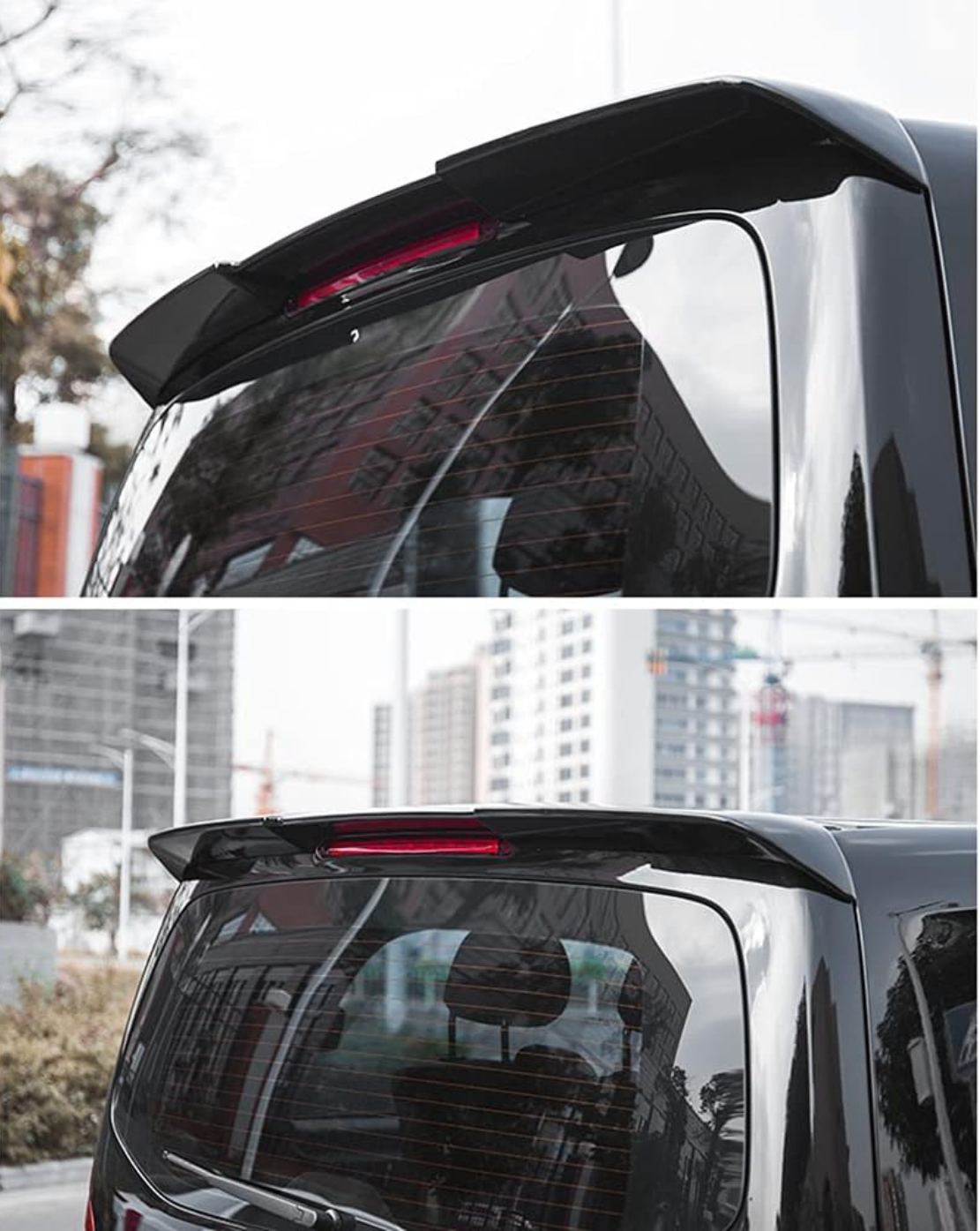 A black car rear spoiler with an integrated red brake light, attached above the rear window. The car is parked outdoors in a city area with buildings in the background.