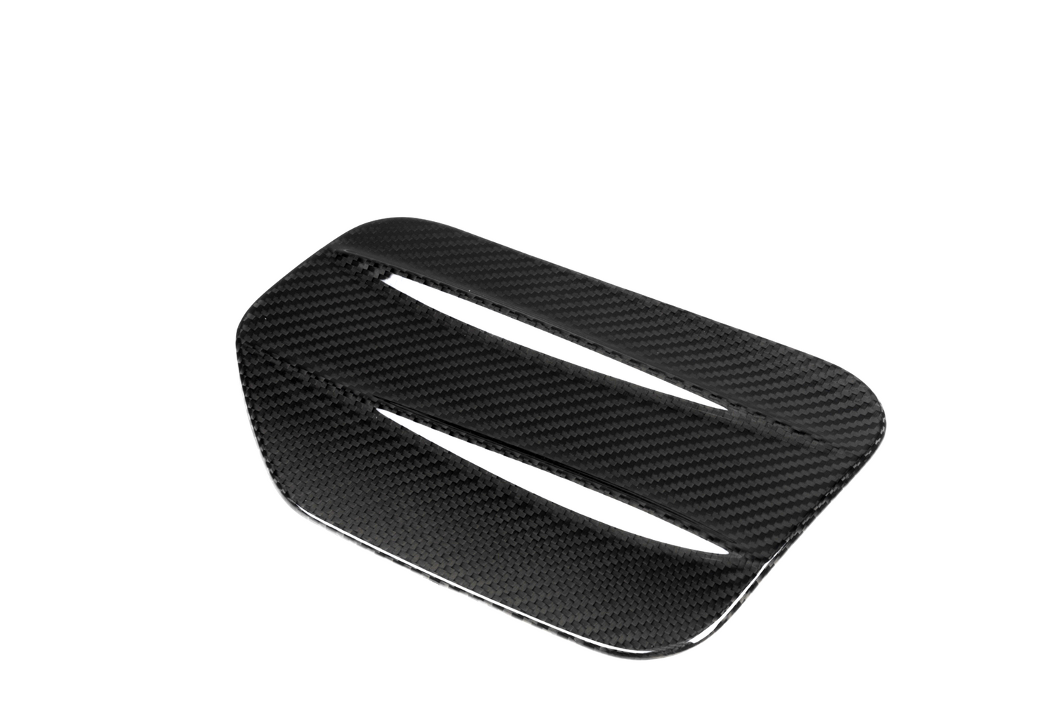 A black, carbon fiber vent with a slatted design, positioned diagonally against a plain white background, showcasing its reflective texture and sleek, aerodynamic appearance.