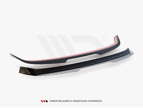 A black aerodynamic car component with a sleek design is displayed on a white background. Text reads, "WORLDWIDE LEADER IN AERODYNAMIC COMPONENTS" with a red logo above it.