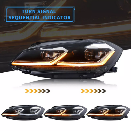 A car headlight unit features an illuminated turn signal with sequential indicator in orange. The text reads "TURN SIGNAL SEQUENTIAL INDICATOR." Below, four images show different sequential phases.