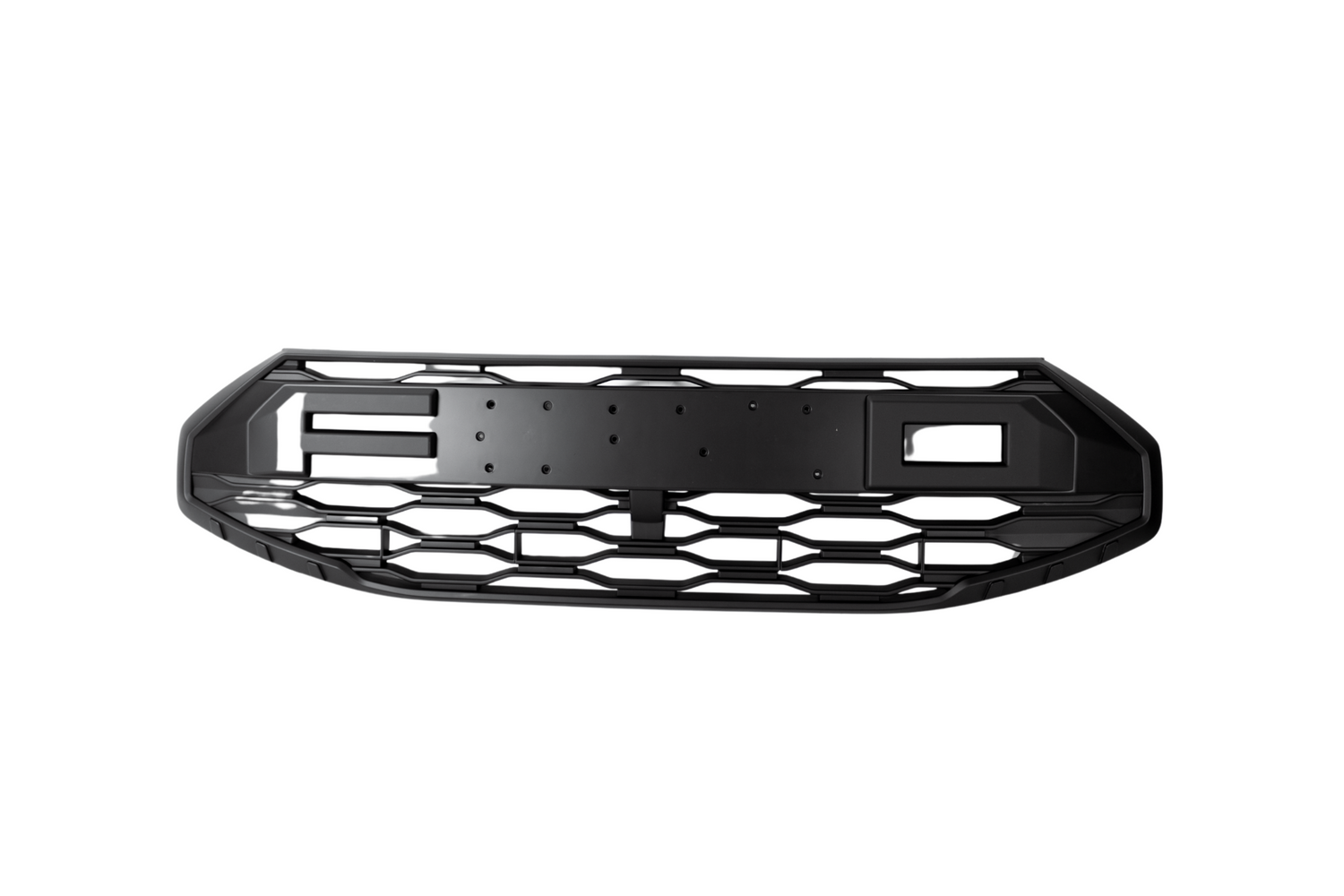 Black car grille with a honeycomb pattern, features a central mounting area, positioned against a plain white background.