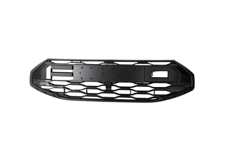 Black car grille with a honeycomb pattern, features a central mounting area, positioned against a plain white background.