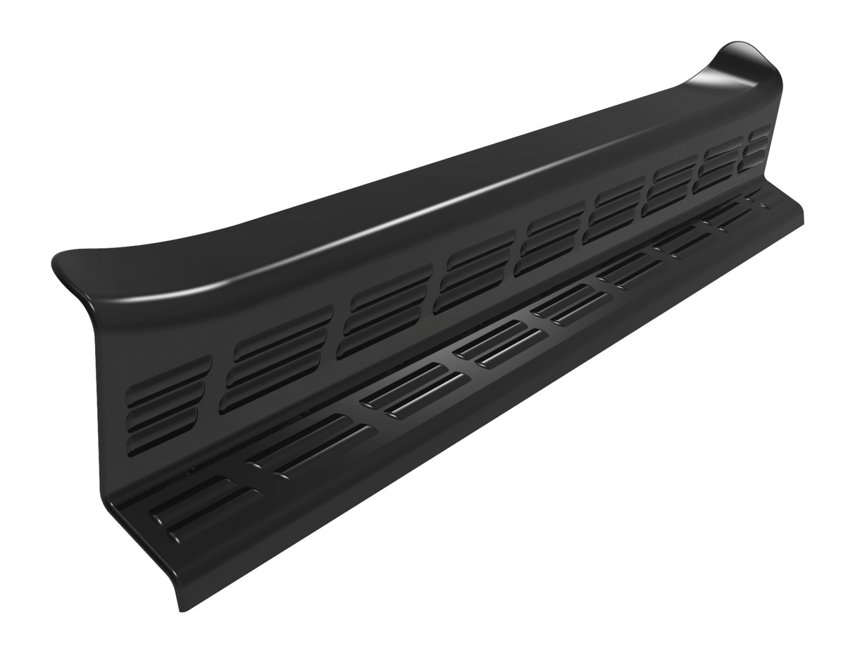 A black, wing-shaped car spoiler with vent-like cutouts sits isolated on a white background, designed to improve aerodynamics.