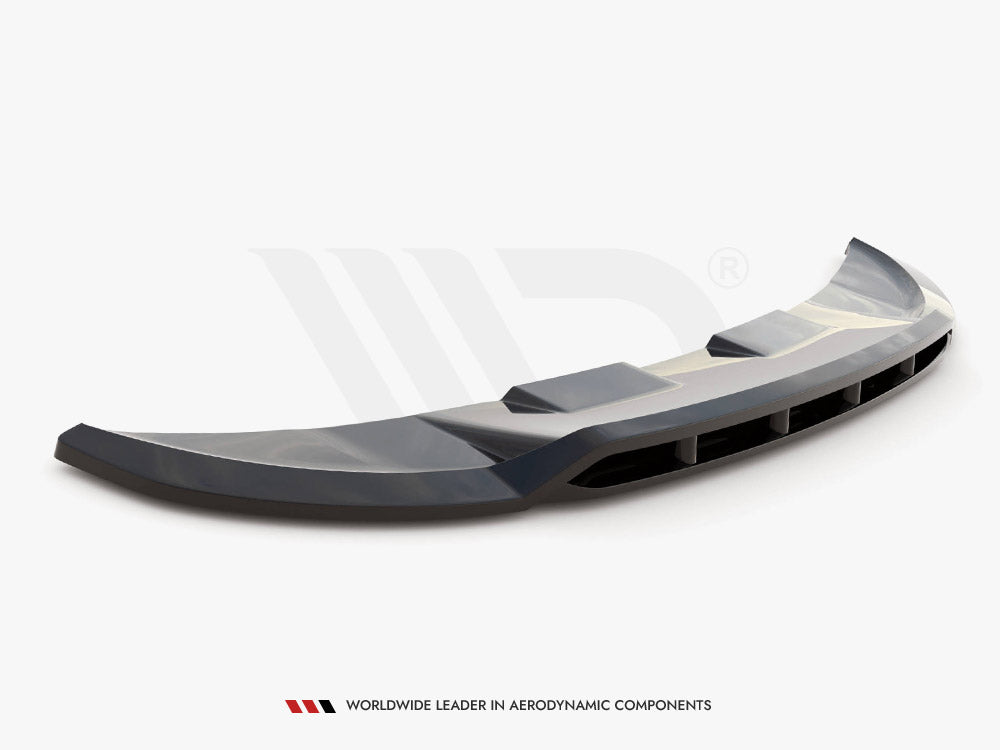 Curved car spoiler resting on a flat surface, featuring aerodynamic vents and a glossy finish. Below, text reads: "WORLDWIDE LEADER IN AERODYNAMIC COMPONENTS." The background is plain white.