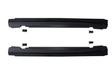 Two black, elongated car side skirts are placed horizontally, parallel to each other, against a white background. Small black brackets are positioned near them, indicating mounting components.
