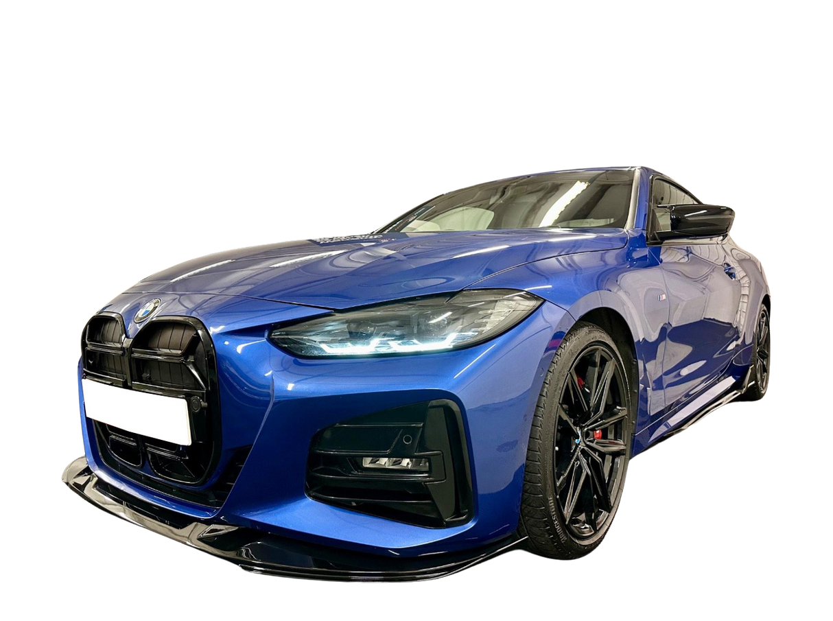 A blue sports car with a sleek design is parked against a black background, highlighting its modern headlights and black wheels. The front license plate area is blank.