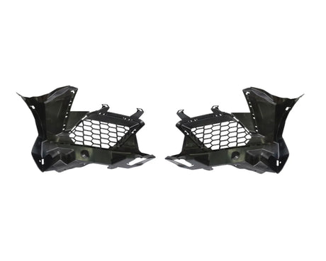 Two black plastic car components with honeycomb cutouts are symmetrically positioned. They have angular designs, suggesting automotive parts, likely for ventilation or structural support. Plain white background.