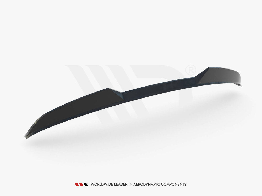 A sleek black aerodynamic spoiler, displayed on a white background, slightly curved with sharp edges. Text below reads: "WORLDWIDE LEADER IN AERODYNAMIC COMPONENTS".