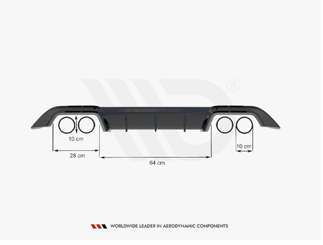 Rear bumper diffuser with two integrated exhaust outlets, each 10 cm in diameter. Central span measures 64 cm and end sections 28 cm each. Text: "WORLDWIDE LEADER IN AERODYNAMIC COMPONENTS."