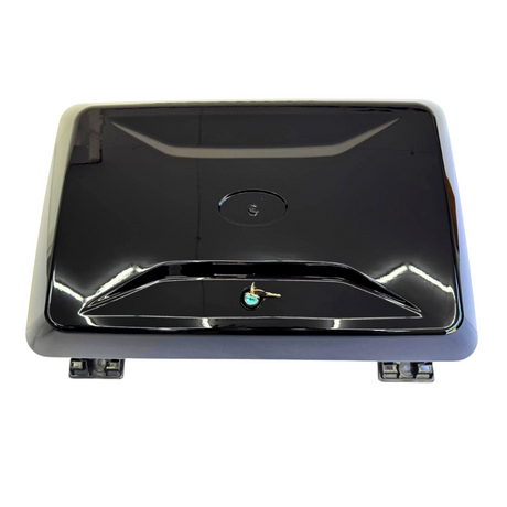 A shiny black rectangular storage box with a central lock feature, situated against a plain white background. The box has reflective surfaces and a key in the lock.