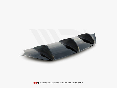 A sleek, dark aerodynamic car diffuser featuring three fins, positioned on a white background. Below it, text reads: “WORLDWIDE LEADER IN AERODYNAMIC COMPONENTS.”
