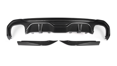 A black carbon fiber car bumper diffuser set rests on a white background, featuring aerodynamic contours and mounting points, showcasing its lightweight and sporty design.