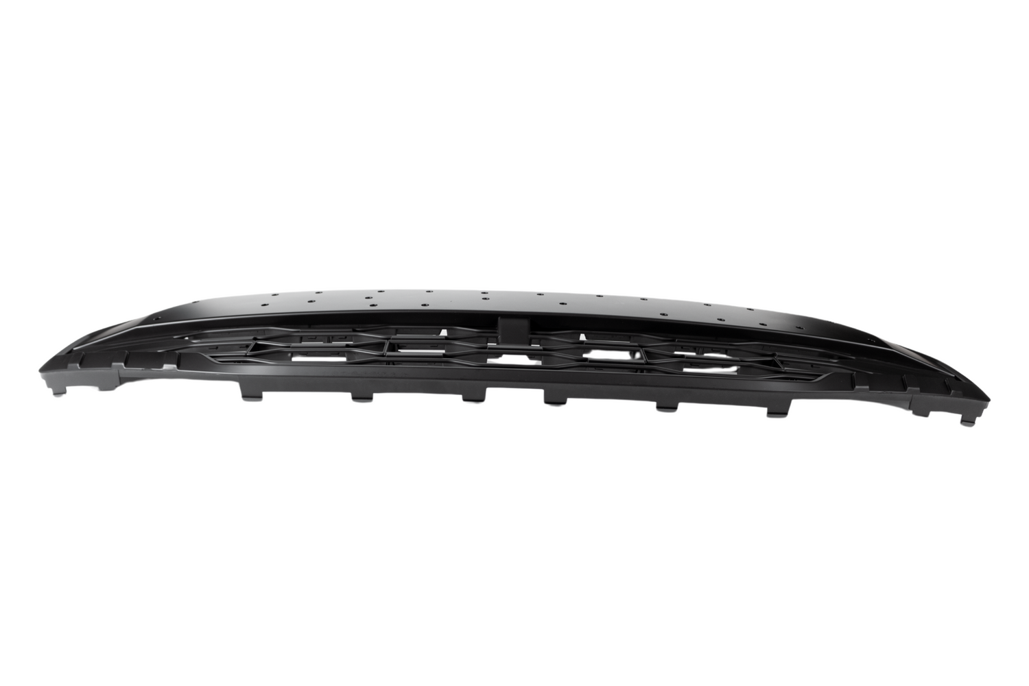 A black car bumper grille with a series of horizontal slats rests on a white background, designed for air intake and protection.