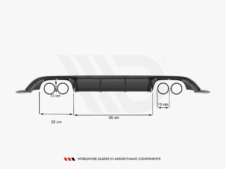 A black aerodynamic car component with dual circular exhaust openings per side is measured with arrows (10 cm, 28 cm, 66 cm). Text below reads: "WORLDWIDE LEADER IN AERODYNAMIC COMPONENTS."