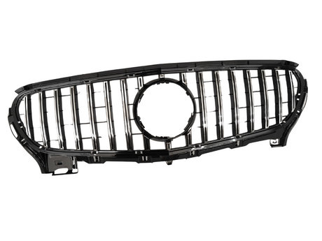 A black car grille with vertical chrome slats and a circular emblem space at the center, against a plain white background.