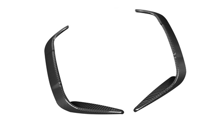 Two curved carbon fiber car parts angled towards each other with a sleek finish, positioned against a plain white background.