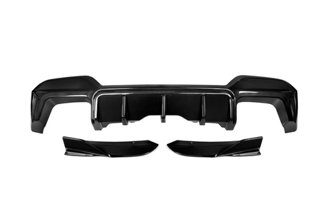 A carbon fiber car rear diffuser and side attachments, arranged on a white background, showcasing their sleek, aerodynamic structure and textured surface.