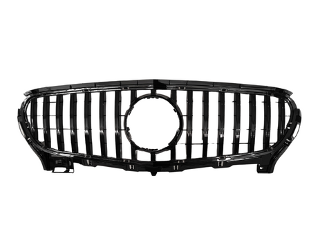 A glossy black car grille with vertical slats and a central circular opening. The object is isolated against a plain white background, highlighting its design.