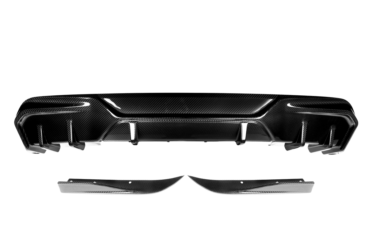 Carbon fiber car bumper with sleek contours and angular design, displayed against a plain white background, emphasizing its glossy texture and aerodynamic style.