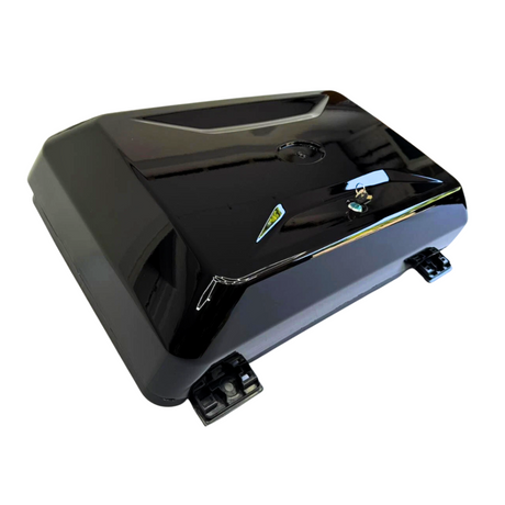 Black plastic enclosure with a glossy finish, featuring a lock at the top center. It is positioned on a white background, suggesting a product display setting.