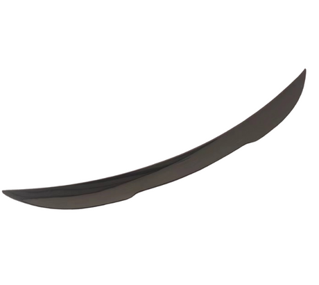 A black carbon fiber car spoiler, curved and aerodynamic, is isolated against a white background, highlighting its sleek design and subtle sheen.