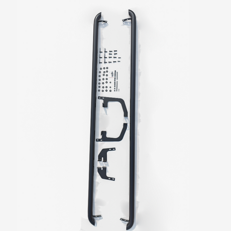 Long black roof rails are displayed alongside various metal brackets and a collection of screws and washers, all laid out on a white background, likely for assembly or installation.