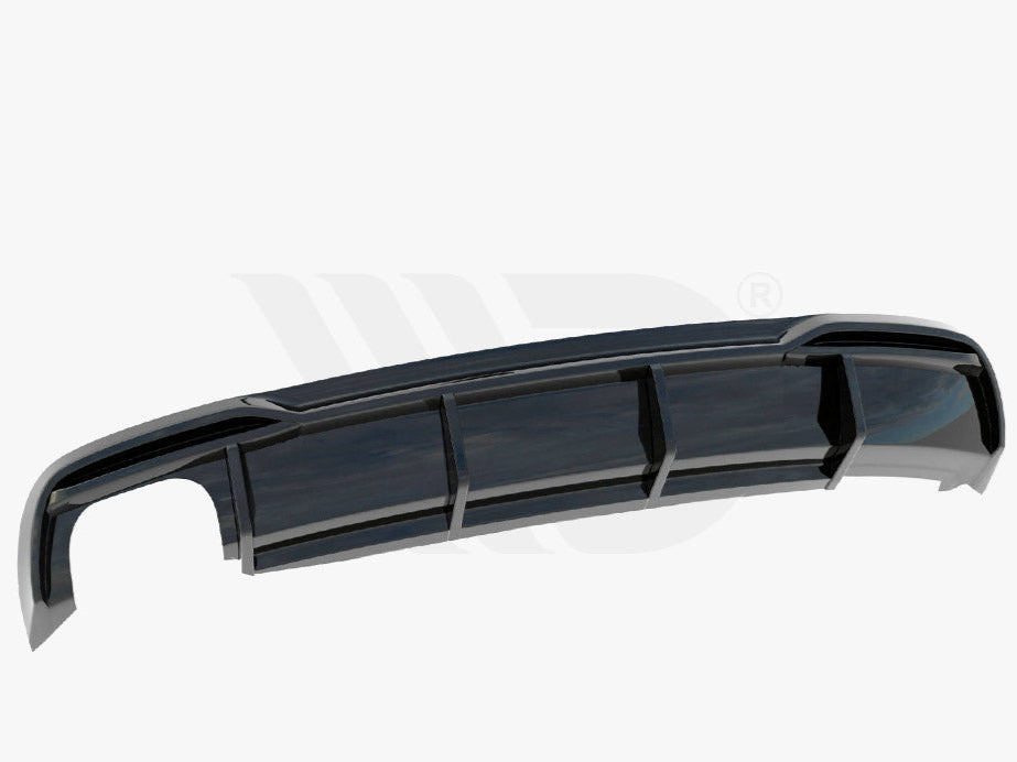 A black car diffuser rests against a white background, showing its aerodynamic fin structure. Text below reads: "WORLDWIDE LEADER IN AERODYNAMIC COMPONENTS."