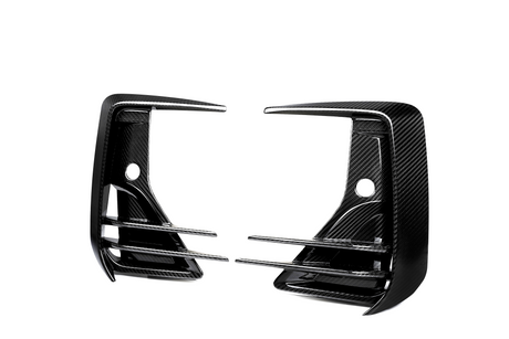 Two carbon fiber car rear diffuser fins with horizontal slats are positioned symmetrically facing each other against a white background, showcasing their sleek, aerodynamic design.
