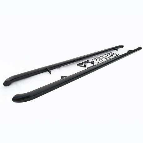 Two black side step bars lie parallel with mounting brackets and hardware visible, set against a plain white background.