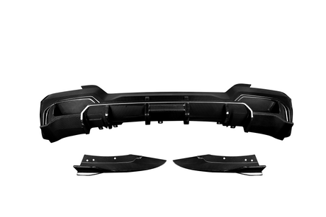 A black carbon fiber rear bumper with aerodynamic design features multiple mounting points, flanked by two side wing attachments; isolated on a plain white background.