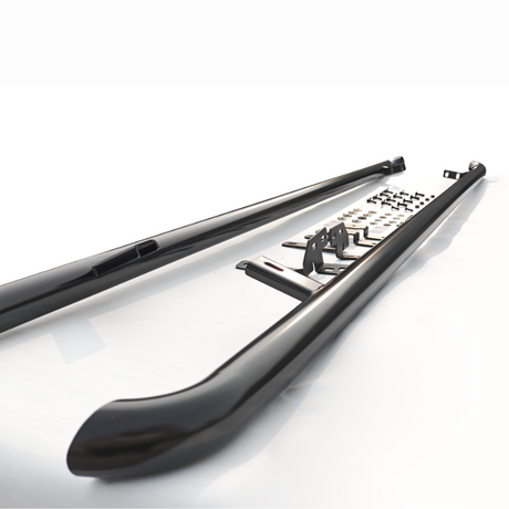 Two black metal side steps lay on a white surface, accompanied by multiple small brackets and hardware pieces, arranged neatly between the steps. They are designed for vehicle installation.