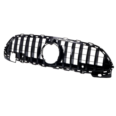 A black car grille with vertical and horizontal slats forms a grid pattern, featuring a central circular opening. The grille is isolated on a white background.