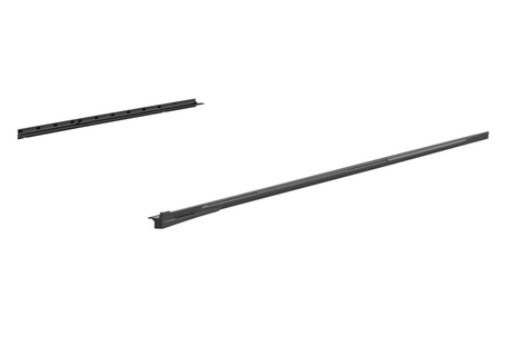 Two elongated, black metal sections with slots and rectangular notches positioned against a white background, possibly components for a mechanical or structural assembly.