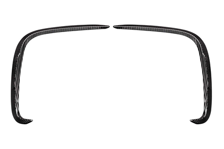 Curved carbon fiber car trim pieces are positioned symmetrically on a white background, likely for decorative or aerodynamic enhancement.