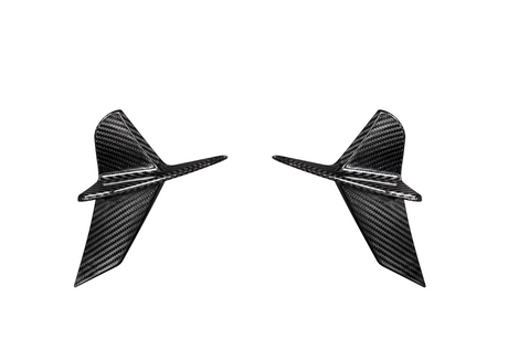 Two carbon fiber airplane-shaped figures pointing inward, each with angled wings and fins, set against a plain white background.