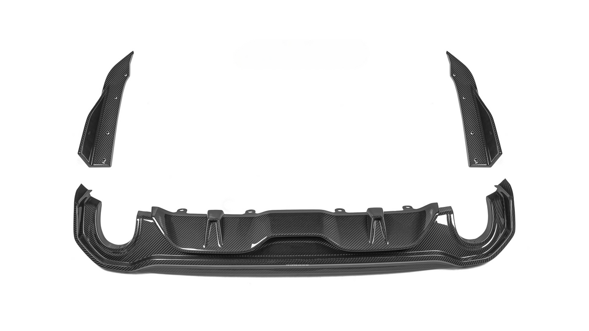 Carbon fiber car body kit components, including a rear diffuser and side wings, laid out on a white background for display.