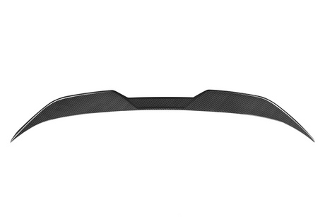 Carbon fiber car spoiler sits against a plain white background, showcasing its aerodynamic, sleek structure with upward-curving edges and textured pattern.
