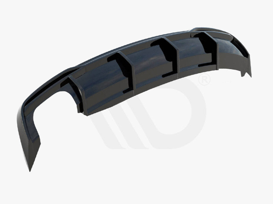 A black car rear diffuser is depicted, showcasing multiple vertical fins, set against a plain white background. Text reads: "WORLDWIDE LEADER IN AERODYNAMIC COMPONENTS" at the bottom.