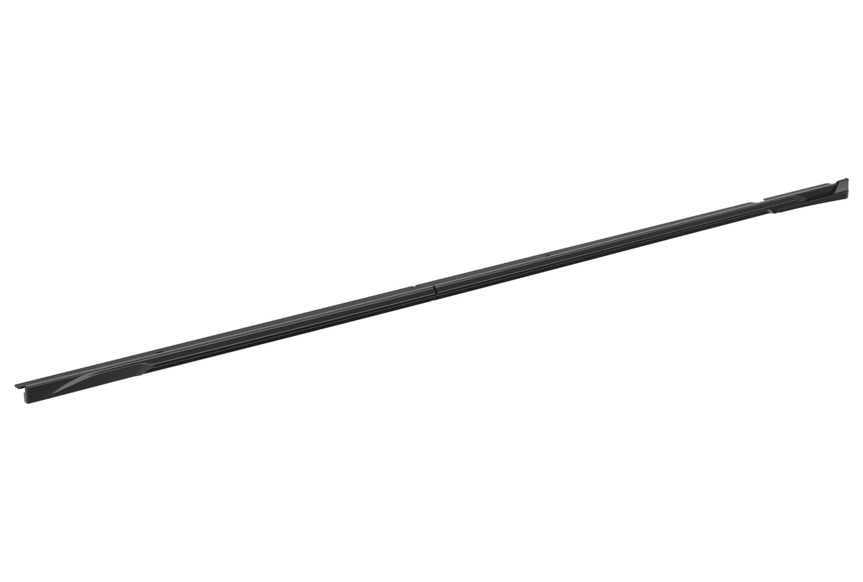 A long, slender, black metal bar is positioned diagonally against a plain white background. It appears segmented, designed for connecting or supporting structures.
