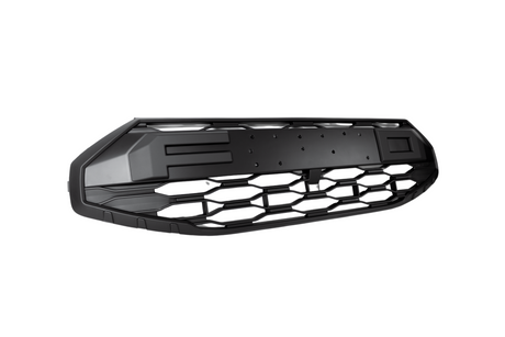 A black hexagonal-patterned car grille with a license plate holder, resting against a plain white background. It's designed for vehicle front-end integration.