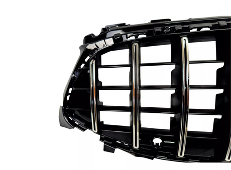 A black car grille with vertical and horizontal chrome bars is displayed against a white background, showcasing its sleek and modern design for vehicle front-end styling.