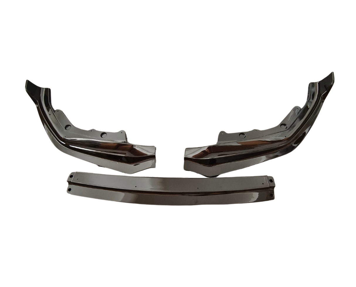 Two shiny, curved metal bumpers are arranged in a parallel fashion, with an additional flat metal strip below, all positioned against a plain white background.