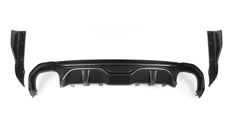 A black carbon fiber car bumper diffuser, featuring curved and angular design elements, is positioned against a plain white background. It includes attachment points and side wing pieces on either end.