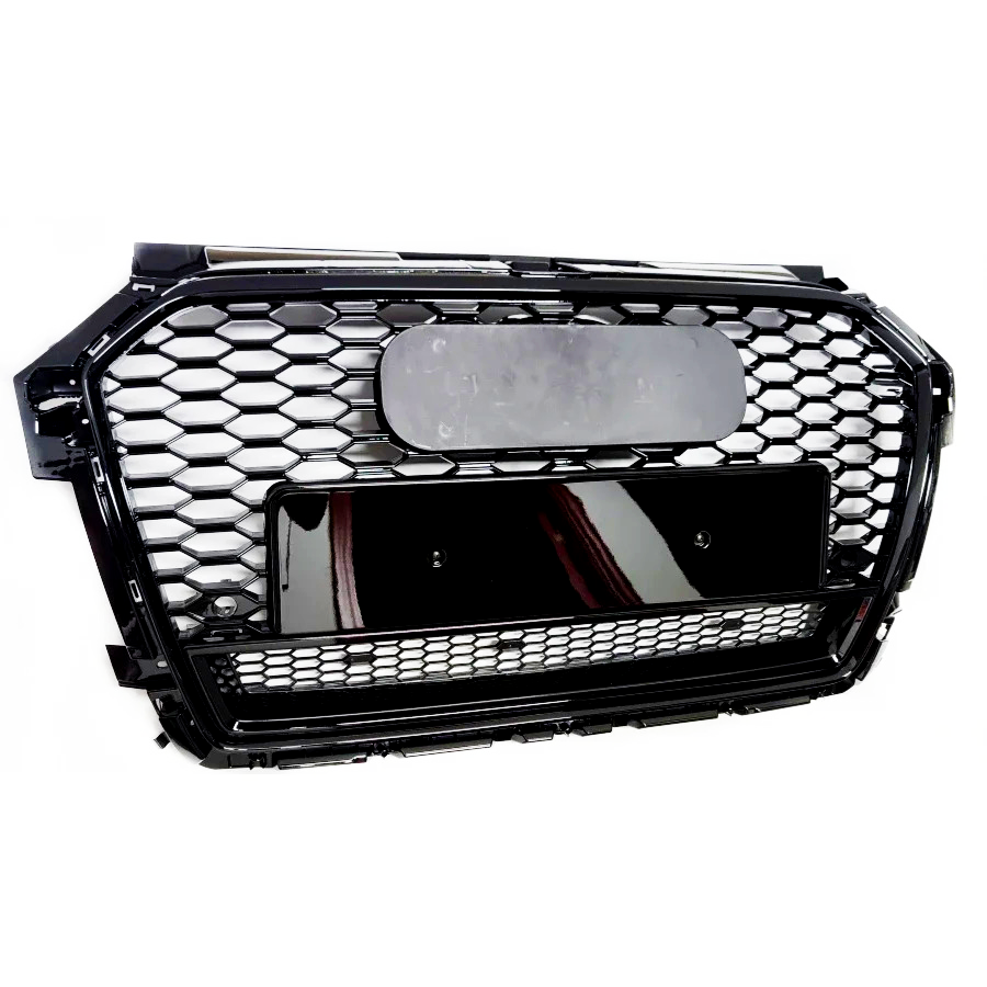 A black honeycomb car grille with a rectangular emblem and license plate holder, set against a plain white background.