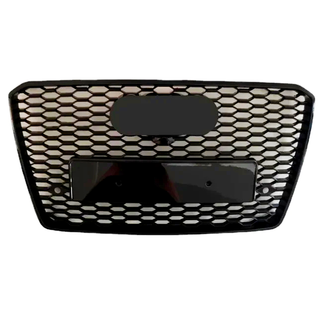 A black car grille features a hexagonal mesh pattern with an oval and rectangular section, likely for a logo and license plate, set against a plain white background.