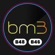 The image features the text "bm3" in gradient yellow-orange, centered on a dark background. Below, "B48" and "B46" appear in black text on white ovals, all encircled by a multicolored ring.