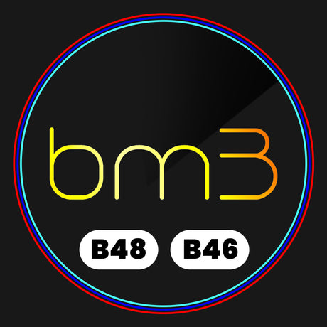The image features the text "bm3" in gradient yellow-orange, centered on a dark background. Below, "B48" and "B46" appear in black text on white ovals, all encircled by a multicolored ring.