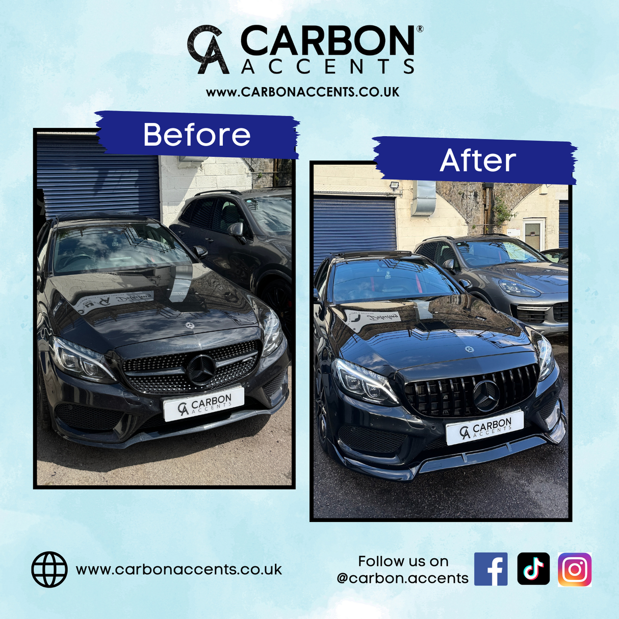 A black Mercedes car shows a before-and-after transformation under the "Carbon Accents" brand. Notable improvements in the front grille and finish. Background includes another car and a building with blue shutters.
Text:
- "CARBON ACCENTS"
- "www.CARBONACCENTS.CO.UK"
- "Before"
- "After"
- "www.carbonaccents.co.uk"
- "Follow us on @carbon.accents"