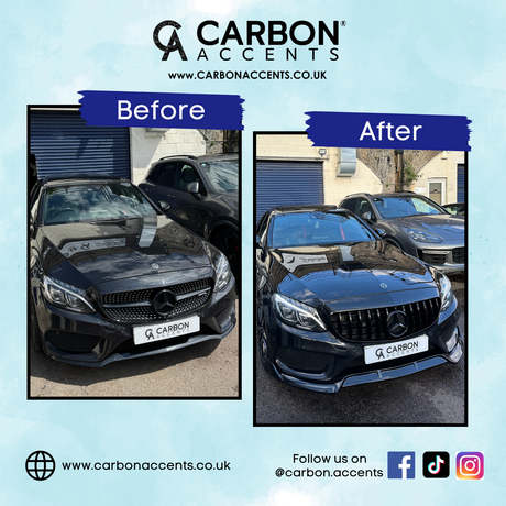 A black Mercedes car shows a before-and-after transformation under the "Carbon Accents" brand. Notable improvements in the front grille and finish. Background includes another car and a building with blue shutters.
 
 Text: 
 - "CARBON ACCENTS"
 - "www.CARBONACCENTS.CO.UK"
 - "Before"
 - "After"
 - "www.carbonaccents.co.uk"
 - "Follow us on @carbon.accents"