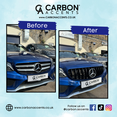 Two images show a blue car. Before, it has a standard grille; after, a new grille is installed. Text: "CARBON ACCENTS www.carbonaccents.co.uk Follow us on @carbon.accents".